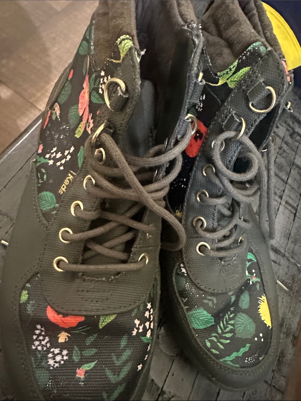 Keds Black Lace-Up Floral Ankle Boots with Green and Red Accents